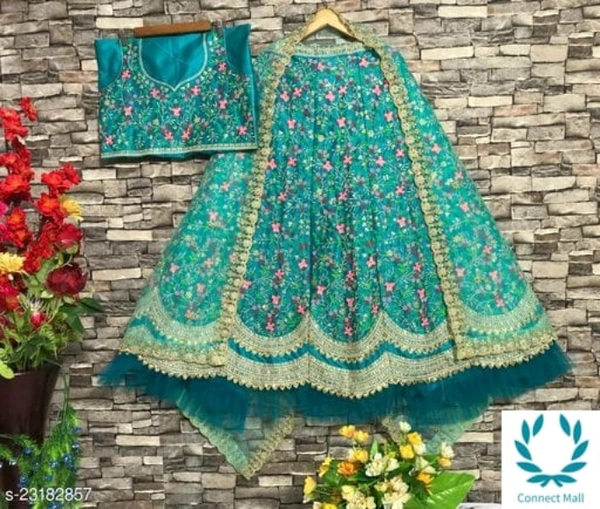 Beautiful Semi Stitched lehenga Choli - Free Size, Sky Blue, Satain Dupatta Fabric : Net, Embroidered, Multipack :1
